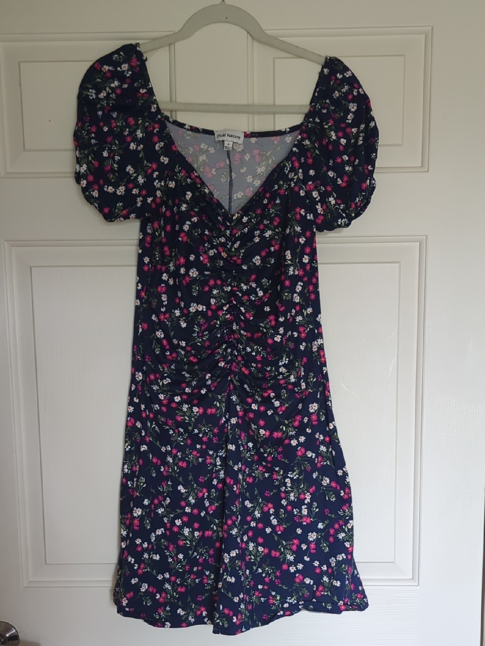 Floral Ruched Navy Mini Dress with Puff Sleeves